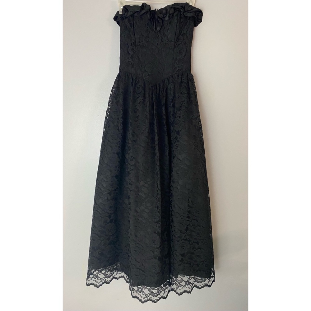 Gunne Sax Strapless Dress  Black Lace Tea Length Flare Gorgeous Size 3/XS